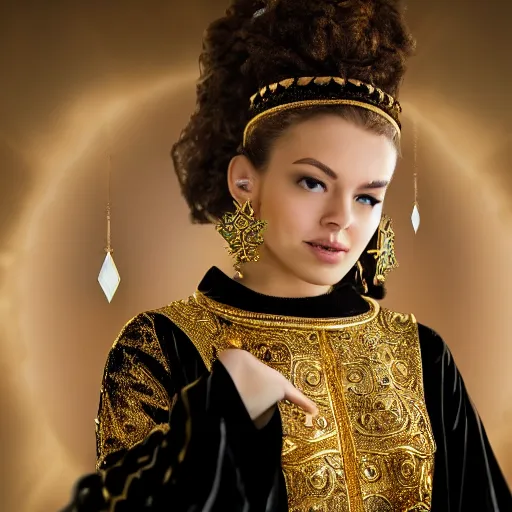 Image similar to a beautiful young female wizard dressed in ornate robes wearing sparkling gold jewelry