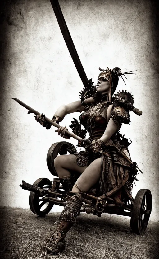 Prompt: vertical movie frame with female warrior standing on steam punk buggy with wood wheels, hunting, armor inspired by bikini and doom and fashion, strong blooded body, brutal blooded sluty symmetrical face, epic, award winning, establishing shot, extremely high detail, photorealistic, brutal, provocative, octane render, old photo, vintage, black and white, sepia, old photography, documentary photography