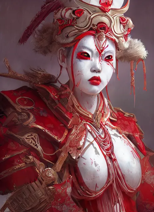 Image similar to albino maiko in a ornated armor war paint, fluent composition, red and white neon, concept art, ambient light, 4 k, intricate details, highly professionally detailed, cgsociety, highly detailed -