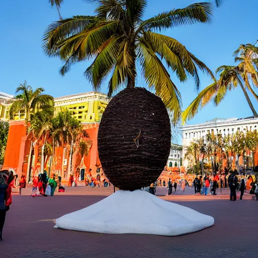 Image similar to symmetrical photo of giant coconut sculpture on red square, super wide shot, bokeh