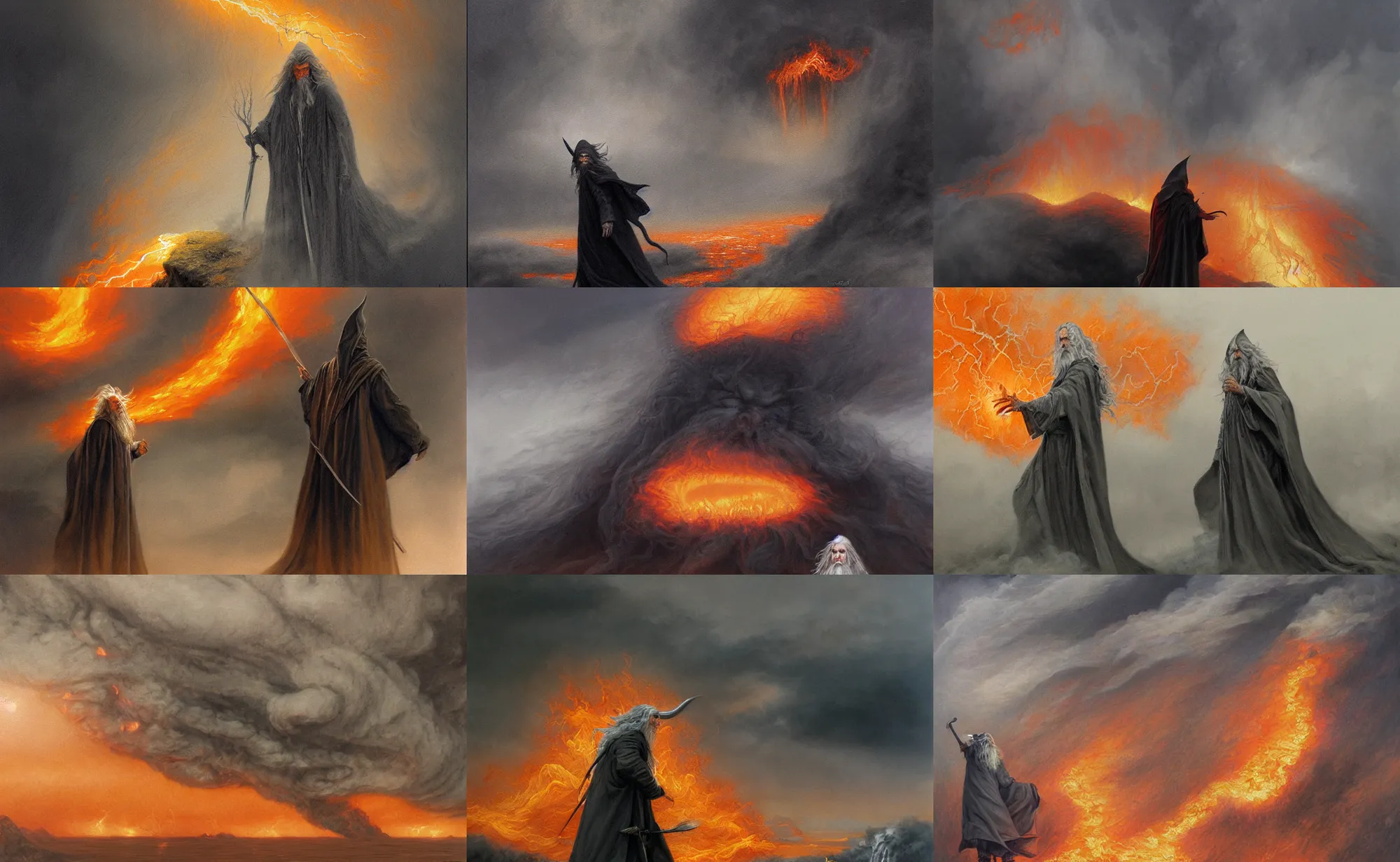 Prompt: gandalf shrouded in shadows, surrounded by billowing pitch black clouds of smoke and blinding orange flame tornados, by alan lee, intricate, detailed, oil painting, artstation