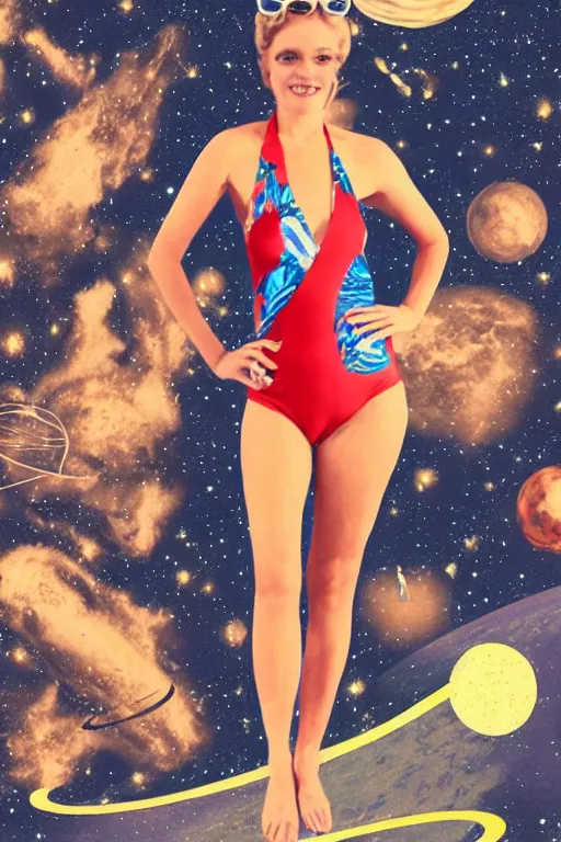 Prompt: vintage inspired, mixed media collage of a swimsuit model in space, full body, trending on art station, highly detailed, excellent composition