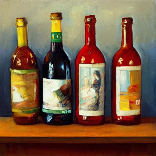 Prompt: a room with four bottles on the floor and a painting of three bottles hanging on the wall, trending on artstation, intricately ordinated oil painting