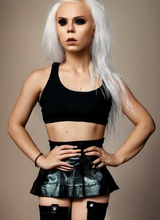 Image similar to kerli koiv in mini skirt and crop top tank top, platform boots, beautiful face, intricate, extremely detailed, modeling photography, 8 0 mm camera, dramatic lighting, dark room, body and face, golden ratio, rule of 3 rds, well proportioned