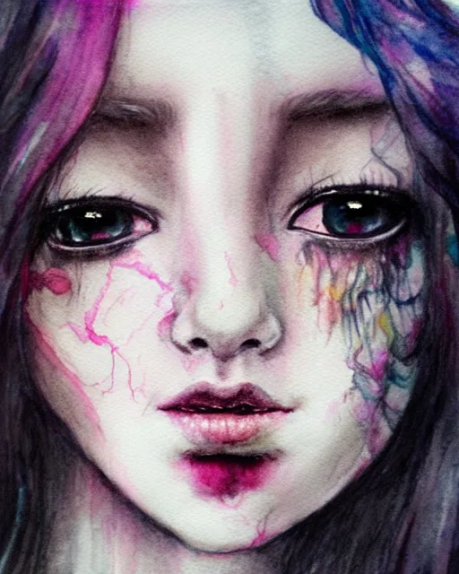 Image similar to pencil portrait with watercolor of a monster high doll, beautiful face, by sabrina eras, alice x. zhang, agnes cecile, blanca alvarez, very detailed