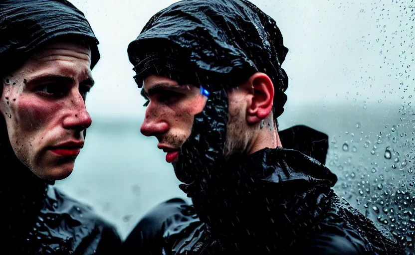 Image similar to cinestill 5 0 d candid photographic portrait by helen levitt of two european male androids wearing rugged black mesh techwear in treacherous waters, extreme closeup, modern cyberpunk moody depressing cinematic, pouring rain, 8 k, hd, high resolution, 3 5 mm, f / 3 2, ultra realistic faces, ex machina