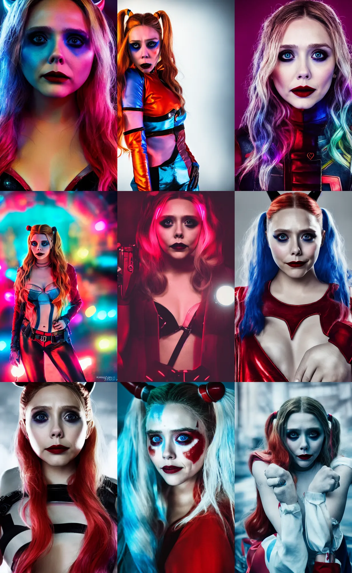 Prompt: Elizabeth Olsen as Harley Quinn, glowing, dramatic, cinematic, Sony a7R IV, symmetric balance, polarizing filter, Photolab, Lightroom, 4K, Dolby Vision, Photography Award