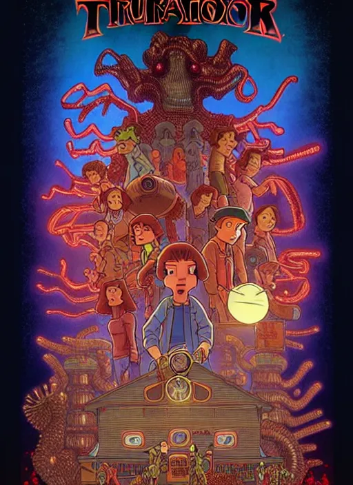 Image similar to animated version of Futurama Stranger Things scene with Demogorgon, cartoon, detailed faces, high resolution, hyper detailed, intricate, illustrated, dramatic lighting, illustration, concept art, smooth, sharp focus, art by Alphonse Mucha and Matt Groening !n-9