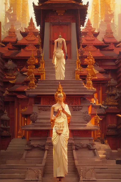 Image similar to temple, buddhism, painting by greg rutkowski, j. c. leyendecker, artgerm