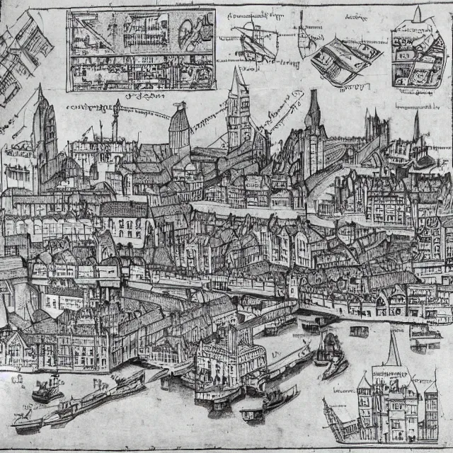Prompt: medieval london with canals, map, technical drawing, schematic, diagram, manuscript
