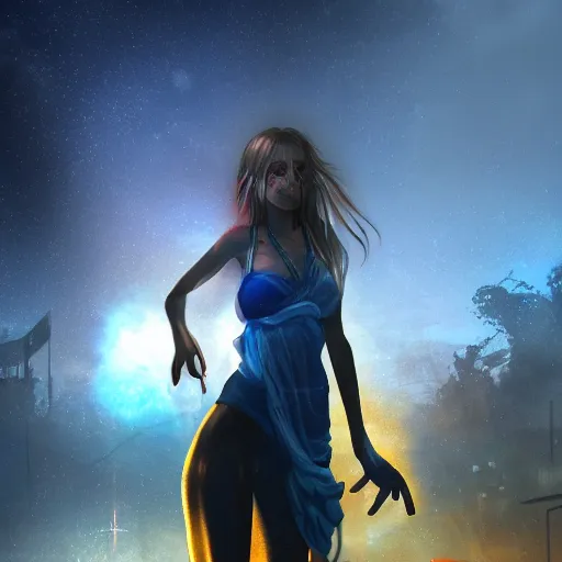 Prompt: A beautiful picture of a blue eye suicidal girl against the background of ruins of a destroyed city and a yellow-red moon, artstation, extremely detailed, volumetric lighting, atmosphere, hyper realism, fantasy 4k