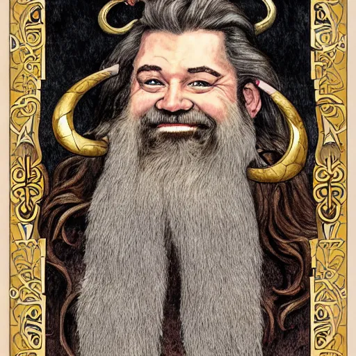 Prompt: art nouveau portrait of tom kenny as a dwarven barbarian with full luscious groomed beard, long flowing hair, a cheeky smile, gold filigree, mucha