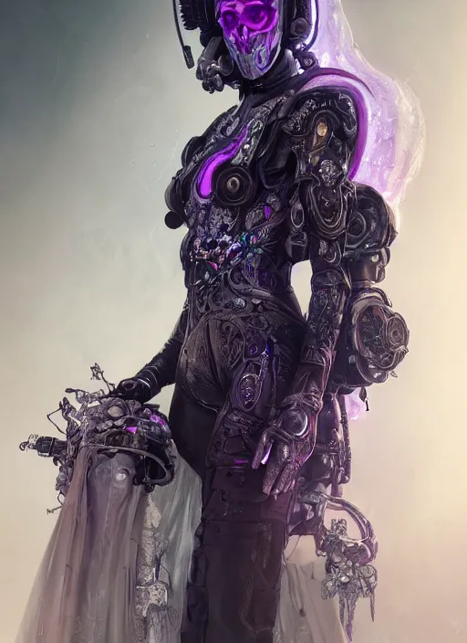 Prompt: a beautiful ornate cyborg with a white techwear mask, purple garment with art nouveau ivory accessories, dressed in black intricate lace and jewels, ethereal, misty, cyberpunk, darksynth, luxury, concept art by zeen chin, extremely detailed, artstation, andree wallin, edvige faini, alphonse mucha, 8 k, unreal engine 5