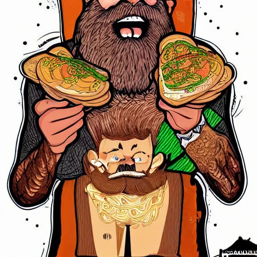 Prompt: beard man angry with italian burger. symmetrical anatomy, very intricate details, digital art, baroque, pop punk art style, colorful, accompanied by body, without duplication, dribble popular, artstation trending, drawn by ilya kuvshinov and iwan suastika and vinicius gud and gustavo zambelli, intricate, balance rendered.