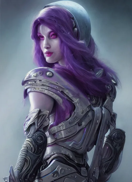 Prompt: a hyper detailed face portrait of a pale woman with purple hair in sci - fi cybernetic armor, sylvanas windrunner, sideshow figurines, by tom bagshaw, artgerm, dorian cleavenger, greg rutkowski, wlop, astri lohne, zdzisław beksinski trending on artstation