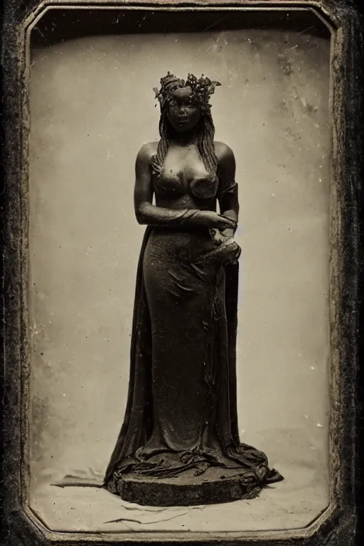 Image similar to a daguerreotype depicting an ancient martian stygian evil obsidian statue of thomasin mckenzie as the goddess persephone