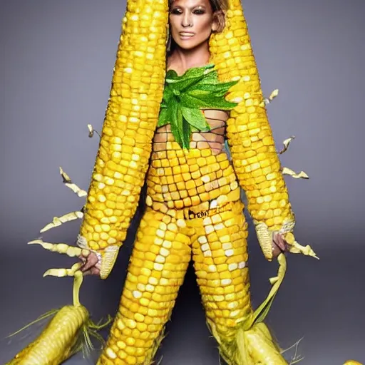 Image similar to full body photo of jennifer lopez, she is wearing a funny kid's hallowen costume of corn on a cob, studio lighting, corn on a cob everywhere