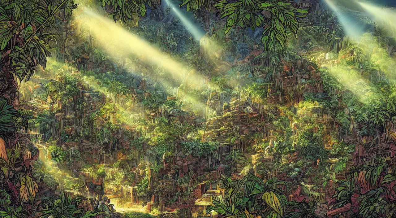 Image similar to zouk fabric jungle dirt wall fortress a spectacular view cinematic rays of sunlight comic book illustration, by john kirby