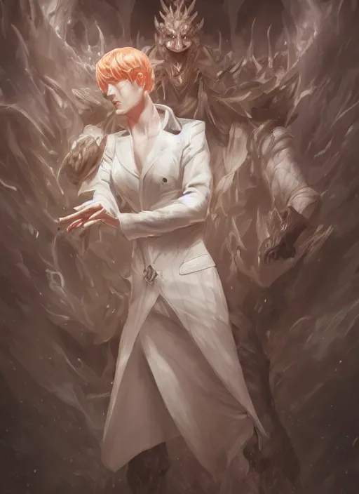 Image similar to a highly detailed illustration of short ginger haired man wearing white suit, dramatic holding chess piece pose, summoning demon girl, intricate, elegant, highly detailed, centered, digital painting, artstation, concept art, smooth, sharp focus, league of legends concept art, WLOP