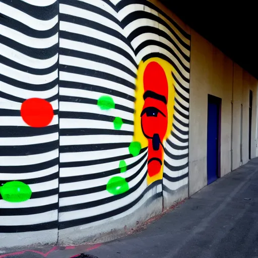 Image similar to wall with graffiti of man with one eye made with colored circles and lines