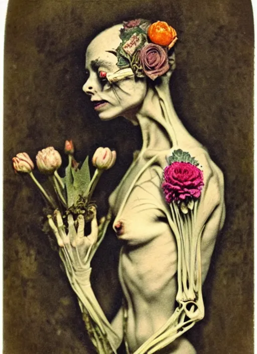 Image similar to beautiful and detailed rotten woman made of plants and many types of stylized flowers like carnation, chrysanthemum, roses and tulips, anatomica, intricate, organs, ornate, surreal, john constable, guy denning, gustave courbet, caravaggio, romero ressendi 1 9 1 0 polaroid photo