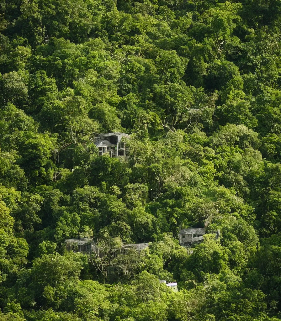 Image similar to a house made of rampant vine growth, in a clearing in the middle of a vine forest, dappled sunlight, 35mm photography, in the style of david chipperfield and gregory crewdson