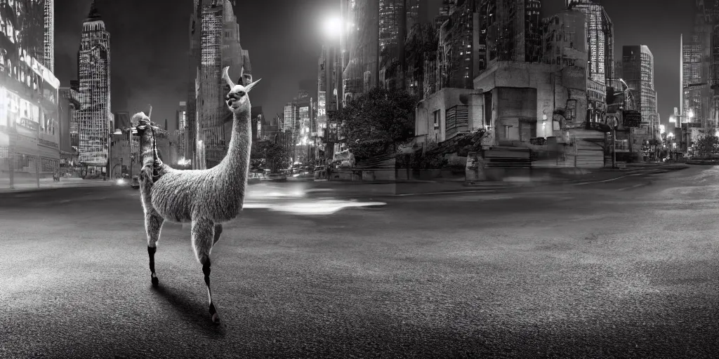 Image similar to a llama walking through a desolate manhattan city street at night, statue of liberty seen in the background, realistic 4 k octane beautifully detailed render, 4 k post - processing, highly detailed, detailed face, intricate complexity, epic composition, magical atmosphere, cinematic lighting, masterpiece, color picture, ultra hd