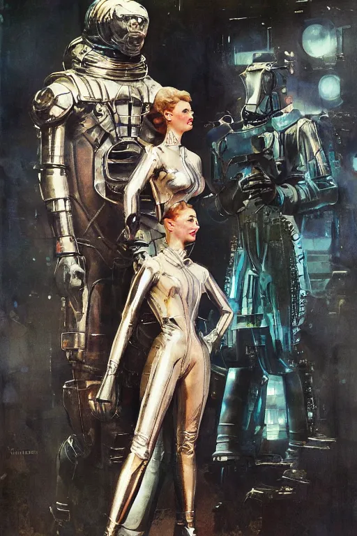 Image similar to minoton standing beside elegant lady wearing a latex spacesuit, by norman rockwell, jack kirby, jon berkey, earle bergey, craig mullins, ruan jia, jeremy mann, tom lovell, marvel, astounding stories, 5 0 s pulp illustration, scifi, fantasy, artstation creature concept, sinbad movie, harryhausen