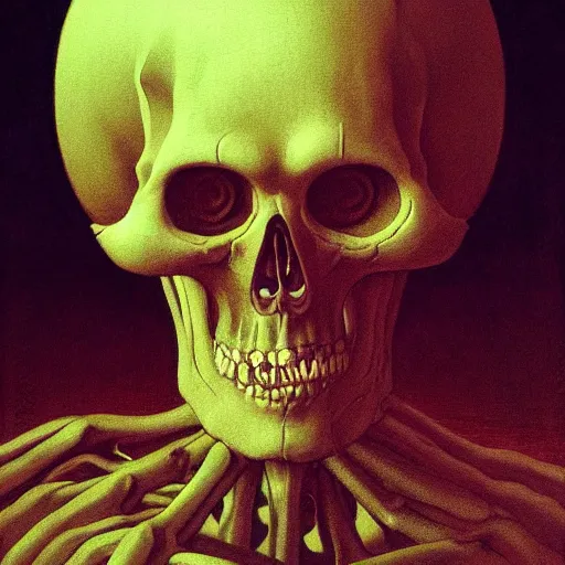 Image similar to A portrait of Skeleton by Zdzisław Beksiński and Ilya Repin,In style of Futurism.digital art, illustration,hyper detailed,smooth, sharp focus,trending on artstation,oil on the canvas,4k