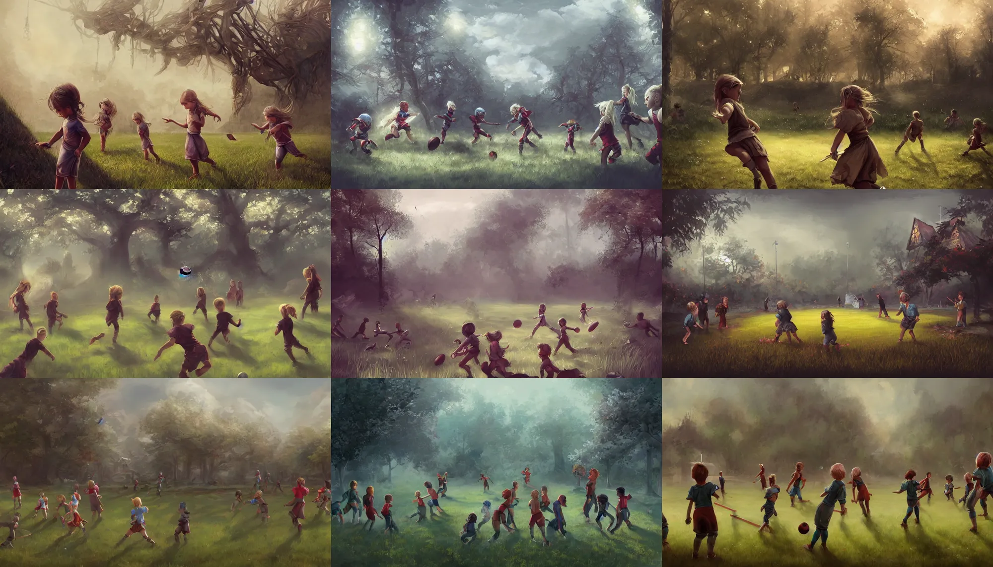 Prompt: fantasy painting of backyard football field with few playing children, wide shot, digital painting, intricate details, trending on artstation, art by charlie bowater