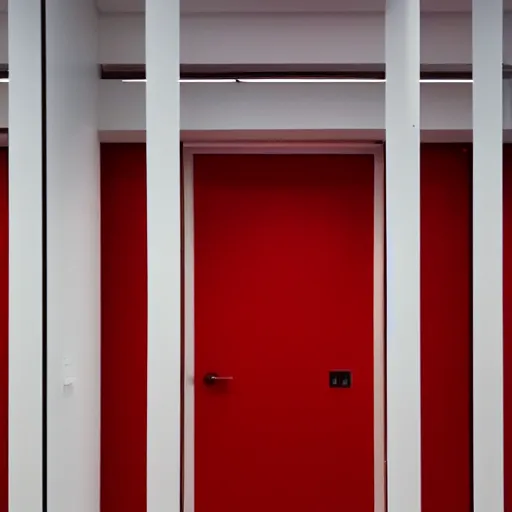 Prompt: a long featureless white office hallways with one red door at the end, liminal space,