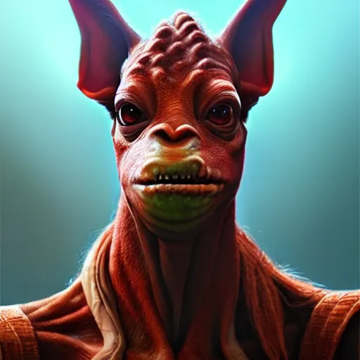 Prompt: jar jar Binks, perfect eyes, full body shot, portrait, vivid colors, elegant, concept art, sharp focus, digital art, Hyper-realistic, 4K, Unreal Engine, Highly Detailed, HD, Dramatic Lighting by Brom, trending on Artstation