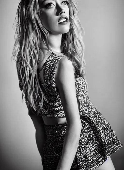 Image similar to amber heard in mini skirt and crop top tank top, platform boots, beautiful face, intricate, extremely detailed, modeling photography, 8 0 mm camera, dramatic lighting, dark room, body and face, rule of 3 rds, well proportioned