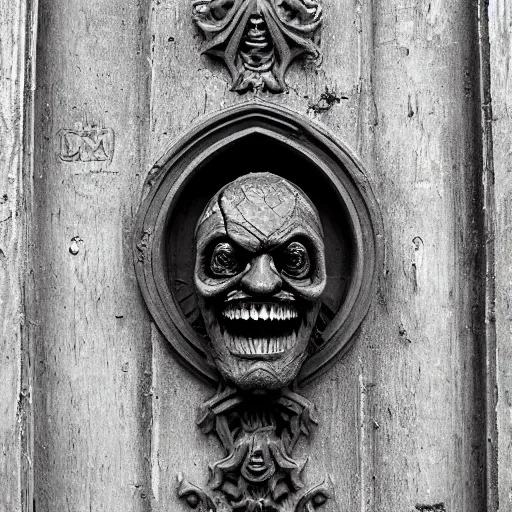 Image similar to port door with carved sinister face head. meduza gorgona. cast iron. gothic medieval baroque. symmetry. epic. ominous shapes. hyper detailed. photoreal. trending on artstation
