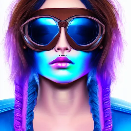 Prompt: closeup painting of a very beautiful young mexican cyberpunk woman with a smirk, wearing light blue shutter shades and a purple coloured leather jacket, one side haircut, long brown hair with light blue ends, portrait, hyperdetailed, artstation, cgsociety, 8 k, synthwave!!! image