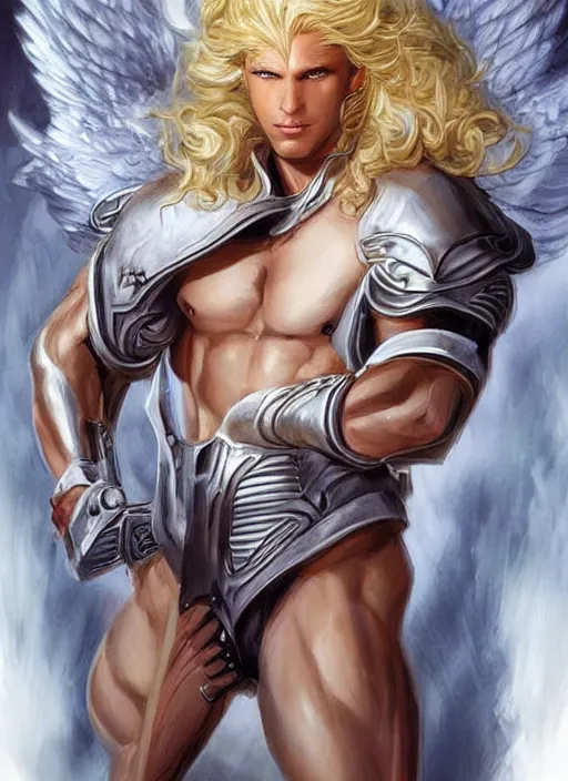 Image similar to handsome blond cyborg Lucius as a muscular angel handcuffed, pale androgynous young man with long fluffy blond curly hair, urban fantasy romance book cover, D&D!, fantasy style, sharp focus!, ultra detailed, art by Artgerm and Peter Andrew Jones, WLUP