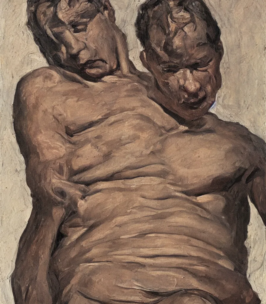 Image similar to portrait of a young man without shirt in the style of lucian freud. his face has many wrinkles, cuts and character. he is looking down. oil painting, thick brush strokes. shadows. clean gray brown background. lit by a single light from above his head. perspective from below. 5 0 mm