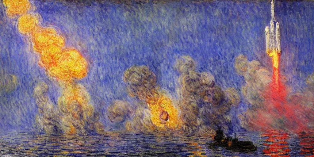 Prompt: a monet painting of godzilla destroying the international space station