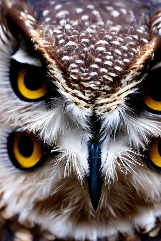 Prompt: a macro photo of a gorgeous owl with beautiful big eyes staring at the camera, dynamic pose, close - up, intricate details, intricately detailed feathers, intricate textures, warm lighting, vivid colors, smoke and mist, realistic octane render, hyper realistic render, volumetric shading, depth of field, raytracing, 8 k,