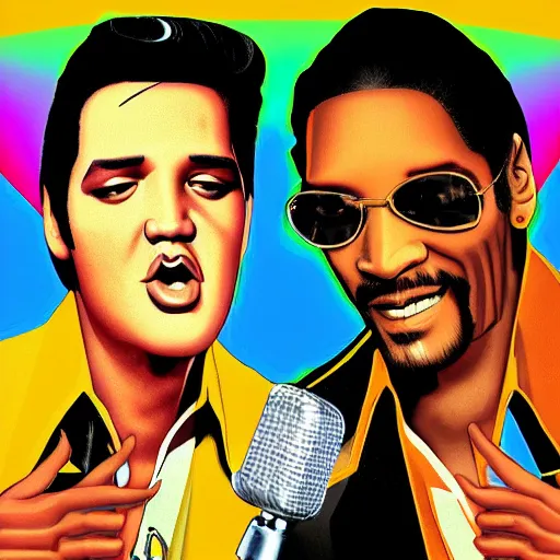 Prompt: elvis presley and snoop dog singing a duet one microphone, in las vegas, detailed, beautiful, colorful, promotional poster, digital art