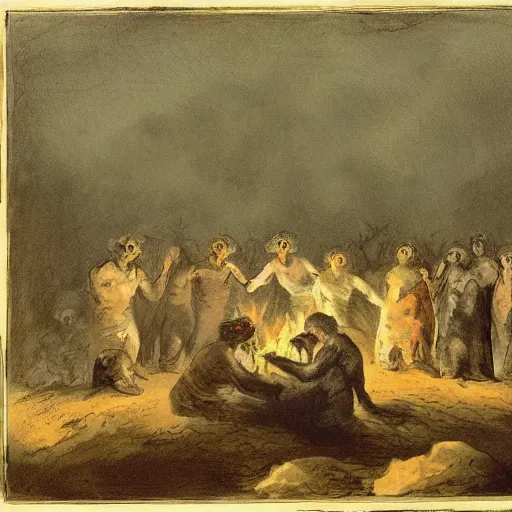 Prompt: goya forest with a cult performing a ritual with a bonfire where a goat flies