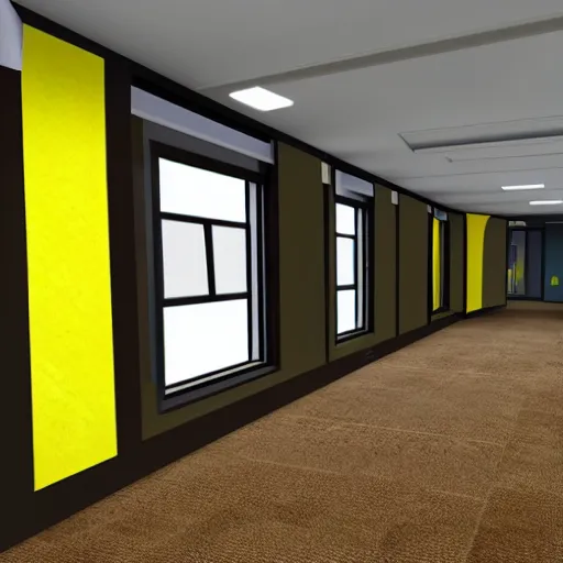 Prompt: empty 9 0 s office building with no windows doors or furniture in garry's mod, the building has brown carpet and yellow wallpaper