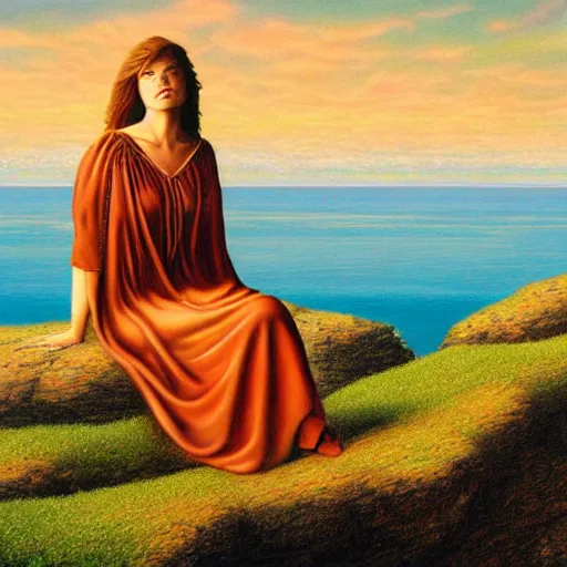 Prompt: a painting of a woman sitting on a cliff, a character portrait by barclay shaw, cg society, fantastic realism, official art, 1 9 9 0 s, academic art