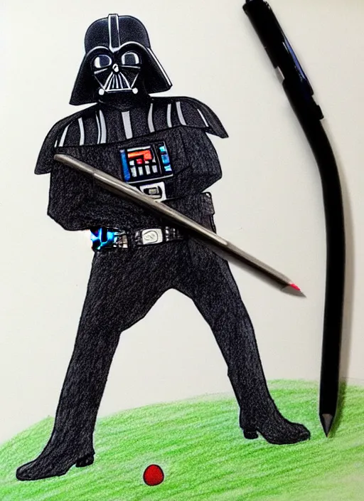 Image similar to a colored pen drawing of darth vader playing golf