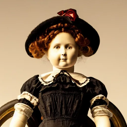 Image similar to close up portrait of a life size victorian doll standing in with a bicycle, 8 k, soft lighting, highly detailed realistic, face in focus 1 8 9 0's liminal