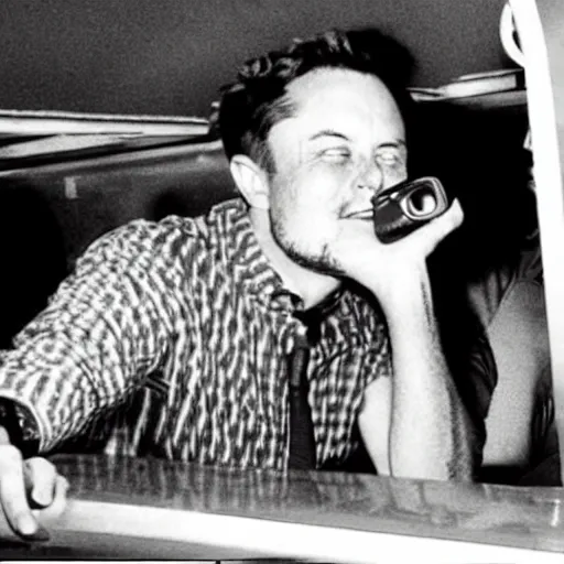 Prompt: retro photo of drunked elon musk aka bus driver in bus by hunter thompson, fear and loathing in las vegas style