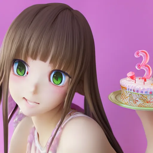 Prompt: Render of a beautiful 3d anime woman holding a birthday cake to show the camera, long light pink hair, full bangs, hazel eyes, cute freckles, full round face, soft smile, Chinese heritage, cute checkerboard sundress, golden hour, serene beach setting, medium shot, mid-shot, hyperdetailed, trending on Artstation, Unreal Engine 4k