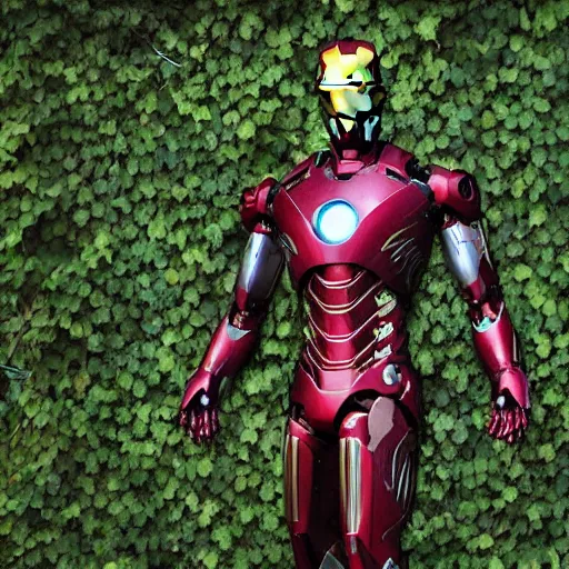 Image similar to abandoned iron man suit, overgrown and covered in vines, 4k realistic photo