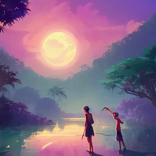 Image similar to tropical jungle, 2 moons in the sky above, purple tinged sky, behance hd artstation by jesper ejsing by rhads, makoto shinkai and lois van baarle, ilya kuvshinov, ossdraws