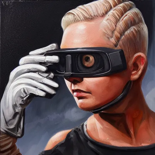 Image similar to square - jawed emotionless serious blonde woman starship engineer, tribal tattoos, handsome, short slicked - back hair, sweating, uncomfortable and anxious, looking distracted and awkward, wearing victorian dark goggles, dirty flight suit and gloves, small spacecraft in background, highly detailed, oil painting, trending on artstation